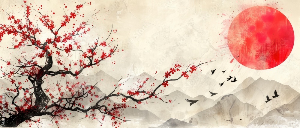 Timeless Serenity. Vintage Japanese Landscape Capturing Cherry Blossoms and the Red Sun in Traditional Watercolor.