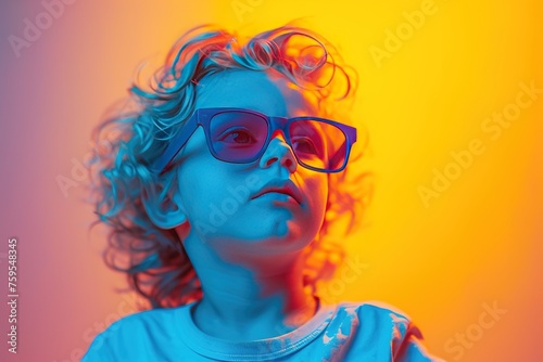 From baove of Adorable kid wearing 3D glasses in neon studio with yellow lights