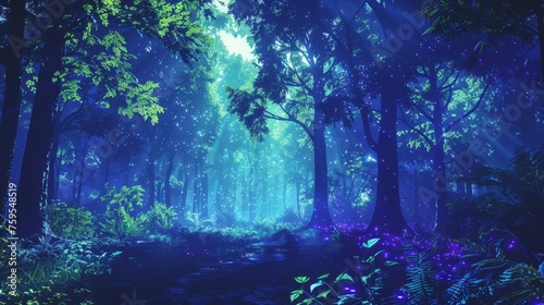 The forest with deep blues and neon greens