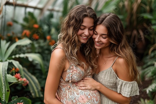 Happy mother hugging pregnant daughter near plants