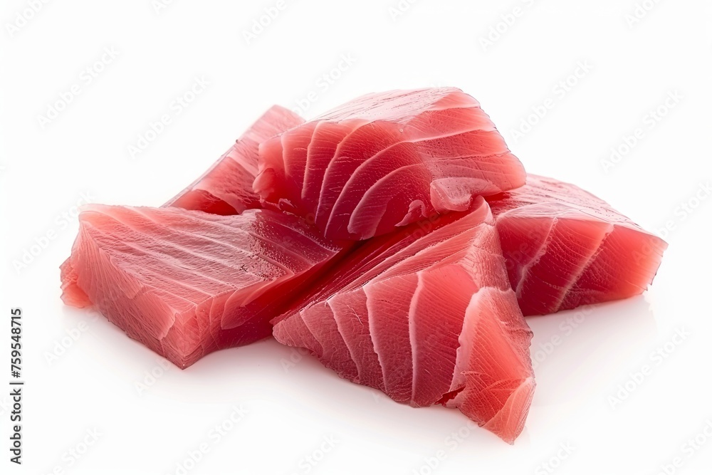 Fresh raw tuna fillets showcased on a pristine white background, exuding a glistening texture and vibrant color.