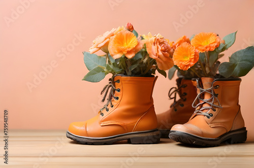 Plant flowers in a boot concept. Realistic rubber boot with flowers. Springtime, summertime gardening. Cute planter for small gardening space. National Gardening Day, Earth Day, Environmental Day