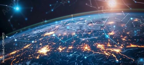 Digital world globe concept illustrating global network connectivity. The image features a view of Earth from space with glowing network connections and constellations