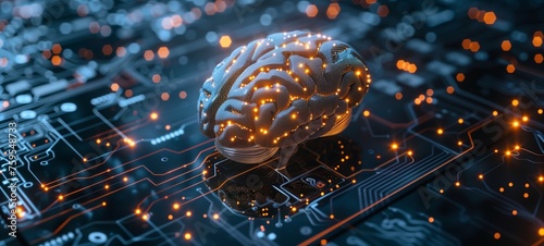 Concept of artificial intelligence with a digital brain on a circuit board. The image showcases a glowing, wireframe brain with orange light nodes on a dark blue electronic motherboard. photo