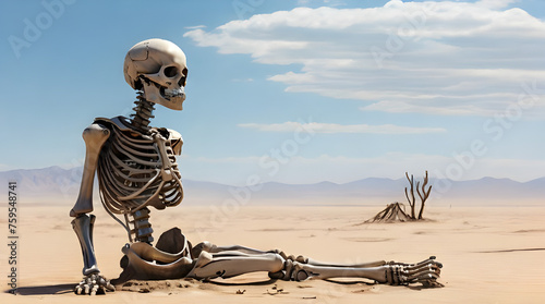 Skeleton sitting and relaxing on desert in a blue sky background. Thirsty, No rain. Global warming concept. Cutting, forest, deforestation, Environmental crisis, destruction, Nature damage scene. photo