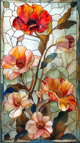 Stained glass window background with colorful Flower and Leaf abstract. 