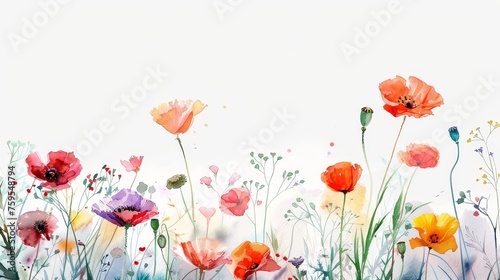 Watercolor painting of vibrant poppies and wildflowers on a clean white background