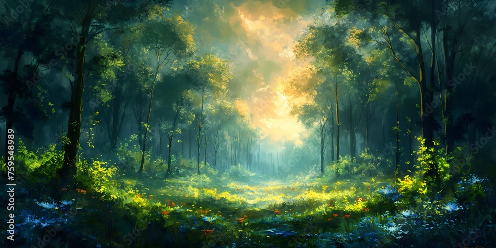 Obraz premium A mystical forest background in acrylic painting style_02