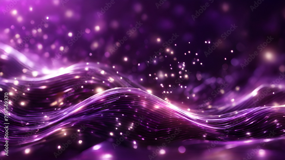 Bright glowing purple particles wave surface on dark background with ...