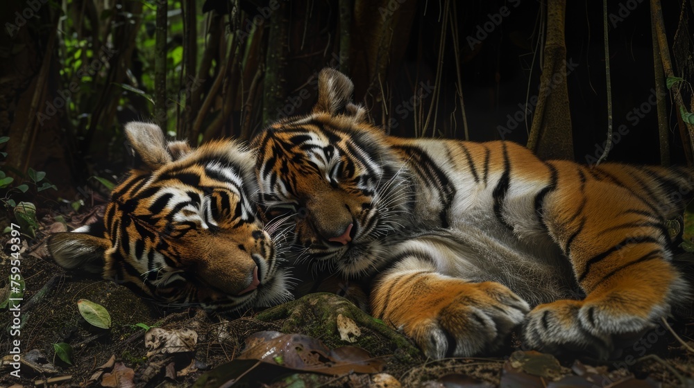 Fototapeta premium A tiger cub sleeps in his mother's arms.