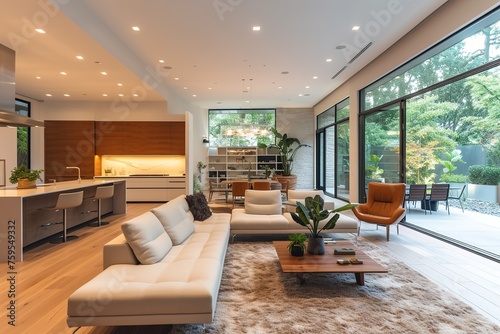 A modern minimalist home interior design with clean lines, sleek furniture, and neutral color palette, featuring an open-concept living space connected to a spacious kitchen, bathed in natural light © abstract Art