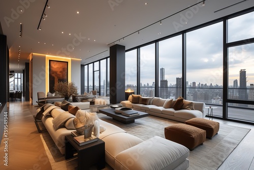 A sleek and contemporary living room in a penthouse, showcasing minimalist design, floor-to-ceiling windows, and plush seating arrangements.