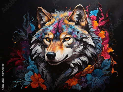 Vibrant Wolf Painting on a Dark Background