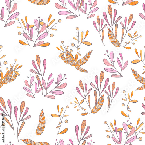 Stylized watercolor pattern of pink and yellow prickly twigs on a white background.