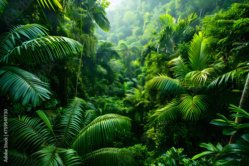 Dense rainforest with lush green foliage  creating a vibrant and humid atmosphere. Ideal for nature and adventure-themed content.