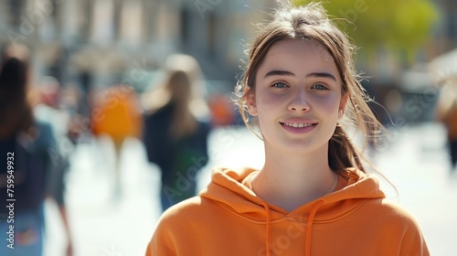 Vibrant Campus Life. Smiling Young Woman in Modern Orange Hoodie Stands Amid University Bustle, Ready to Conquer the Day. © EMRAN
