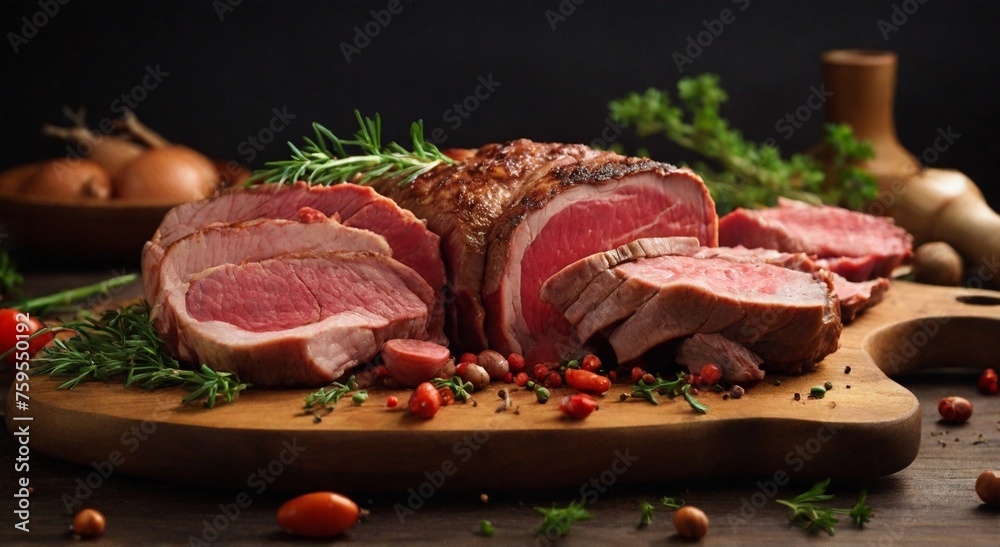 Delicious meat with herbs, tomatoes on a dark background, close-up.