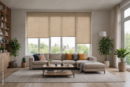 Beige blackout roller blind on windows in stylish modern living room. Shutters on the plastic window.