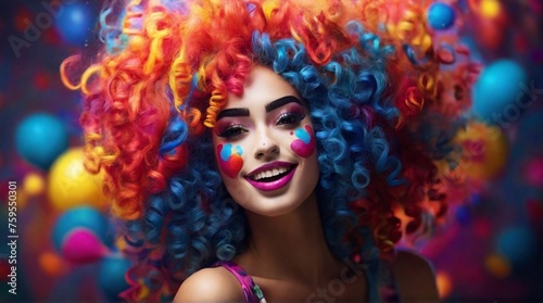 Happy clown girl with curly colored hair.