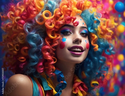 Happy clown girl with curly colored hair. © mischenko