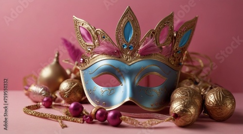Postcard Happy Purim, Jewish holiday carnival fair background with carnival masks and traditional Jewish items, abstract background. Mockup on pink background... Empty space © mischenko