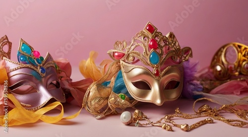 Postcard Happy Purim, Jewish holiday carnival fair background with carnival masks and traditional Jewish items, abstract background. Mockup on pink background... Empty space © mischenko