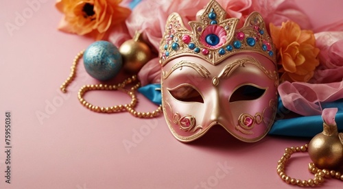Postcard Happy Purim, Jewish holiday carnival fair background with carnival masks and traditional Jewish items, abstract background. Mockup on pink background... Empty space
