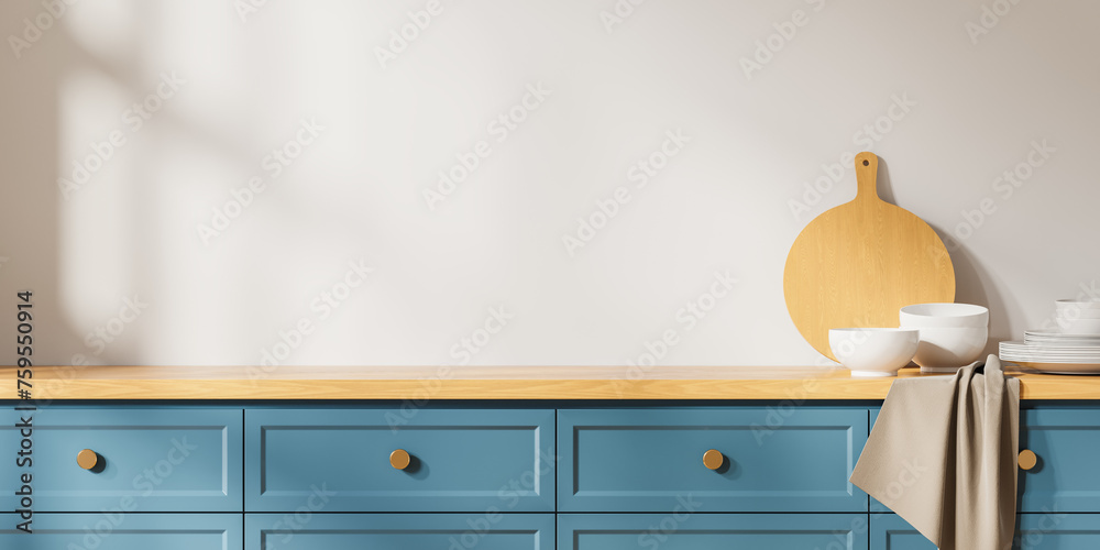 White kitchen interior with blue cabinets - obrazy, fototapety, plakaty 