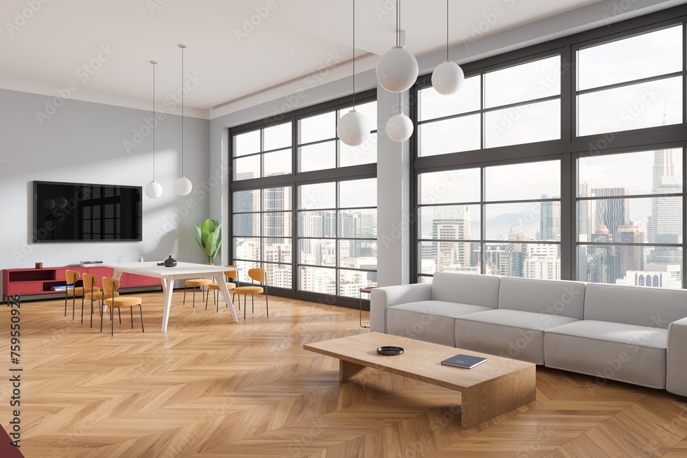 Modern home living room interior with dining table, tv and sofa near window Modern home living room interior with dining table, tv and sofa near window