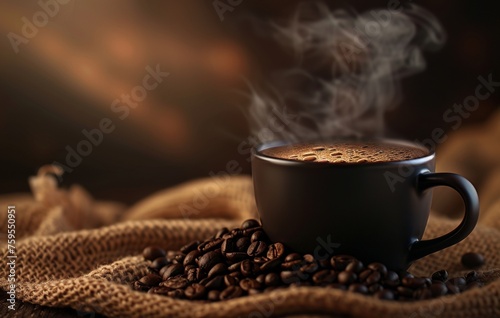 A warm and inviting cup of latte art on a saucer surrounded by coffee beans, exuding steam, set against a soft, textured backdrop