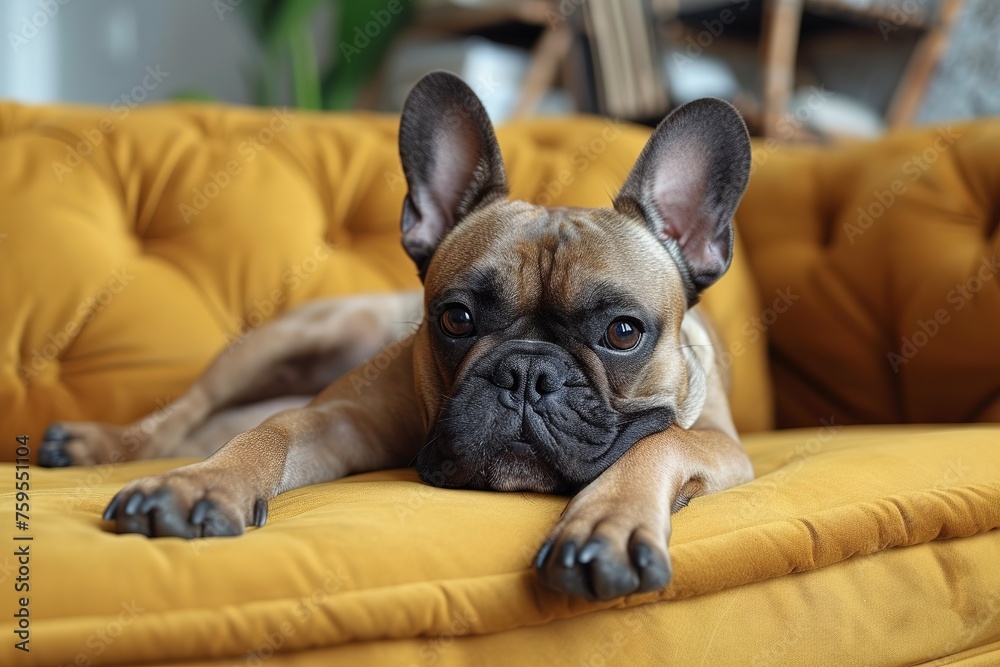 Cute French bulldog sitting on sofa in living room