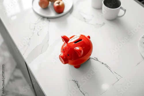 a red piggy bank standing on a modern white marble kitchen couner photo