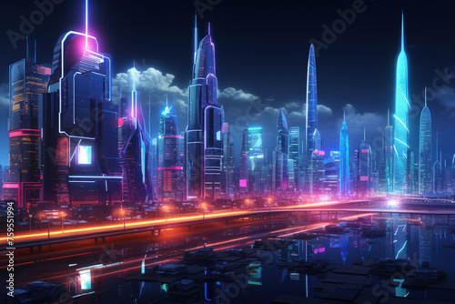 Illustration of an abstract neon megacity with light reflections from puddles on the street, featuring a cyberpunk theme.