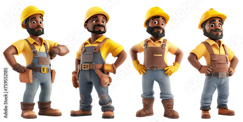 Fototapeta Naklejka Na Ścianę i Meble -  Set of 3d cartoon construction worker with yellow shirt and helmet in various pose isolated on transparent background, png files.