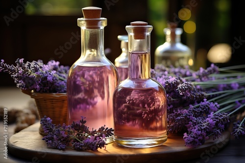 Lavender aroma oil in a glass jar with fresh lavender flowers.