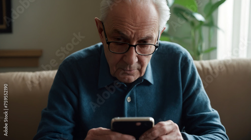 Elderly man looking at smartphone screen