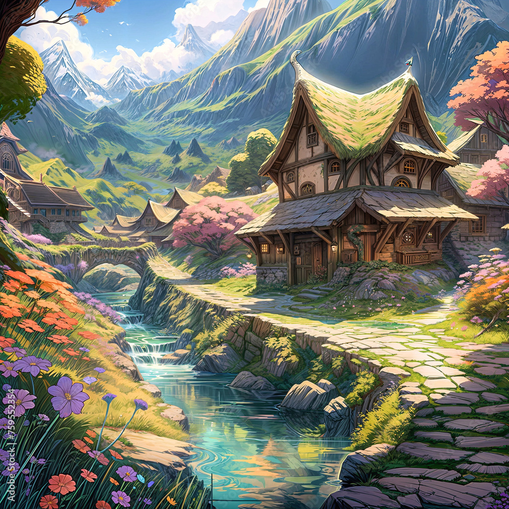 Obraz premium a painting of a beautiful fantasy village with old, vintage houses, a cobblestone street, blooming flowers, and a blue sky with white clouds