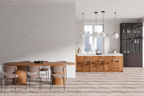 Cozy home kitchen interior with dinner table and bar island, window. Mockup wall