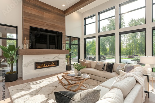 Living room in new luxury home with floor to ceiling fireplace