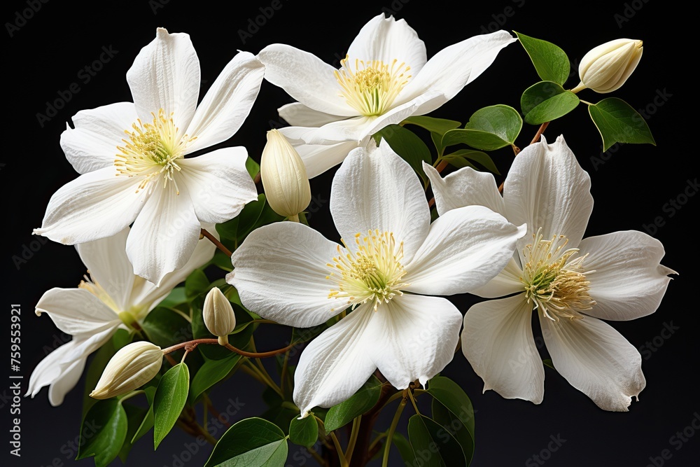 White clematis flower on black background with copy space.