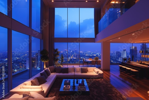 Luxurious living room in a penthouse offering a stunning view of the city at night.