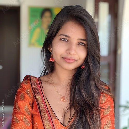 Indian Woman wearing a salwar and sitting outside in natural lighting with a blurry background photo