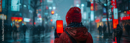 person walking in the street and hoding up a mobile,
Person Holding Up a Mobile Phone Displaying 'NO SIGNA
 photo