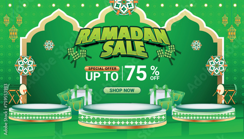 Banner Ramadan mubarak sale green 3d text editable social media background 7
