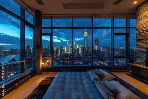 Luxury penthouse bedroom at night showing nyc skyline