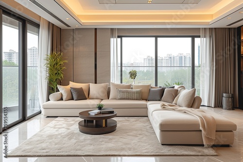 Luxury apartment suite lounge. Luxury beige modern hotel bedroom. Modern living room design. Penthouse modern living room in the style of contemporary.