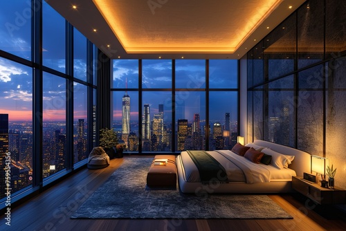 Luxury penthouse bedroom at night showing nyc skyline