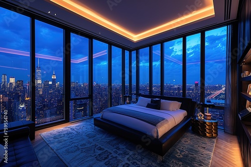 Luxury penthouse bedroom at night showing nyc skyline photo