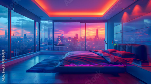 Dark and Gloomy Penthouse Bedroom at Night