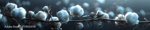 Cotton branch panoramic banner. Soft natural cotton bolls on branches against dark background for textile concept and organic product design photo